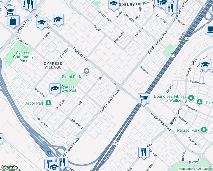map of restaurants, bars, coffee shops, grocery stores, and more near 95 Hanging Garden in Irvine