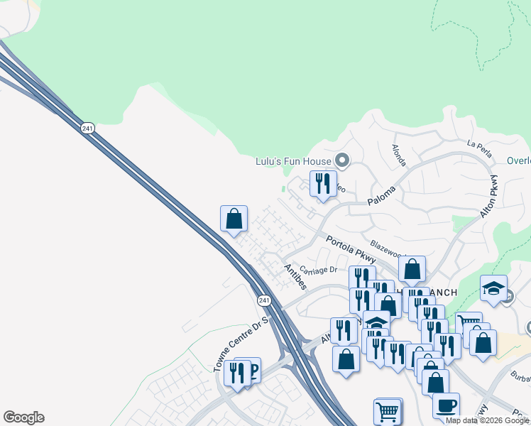 map of restaurants, bars, coffee shops, grocery stores, and more near 5 Santa Barbara Court in Lake Forest