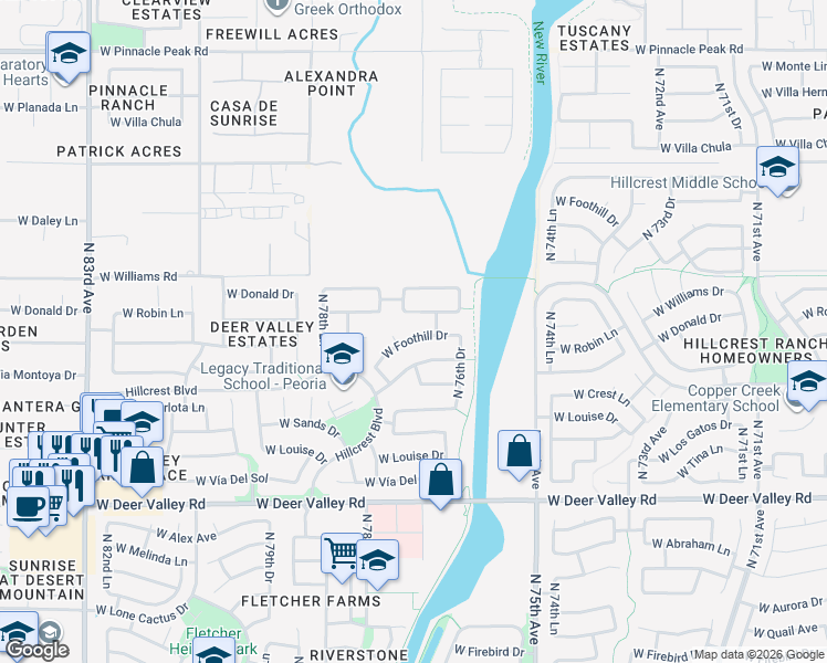 map of restaurants, bars, coffee shops, grocery stores, and more near 7710 West Foothill Drive in Peoria