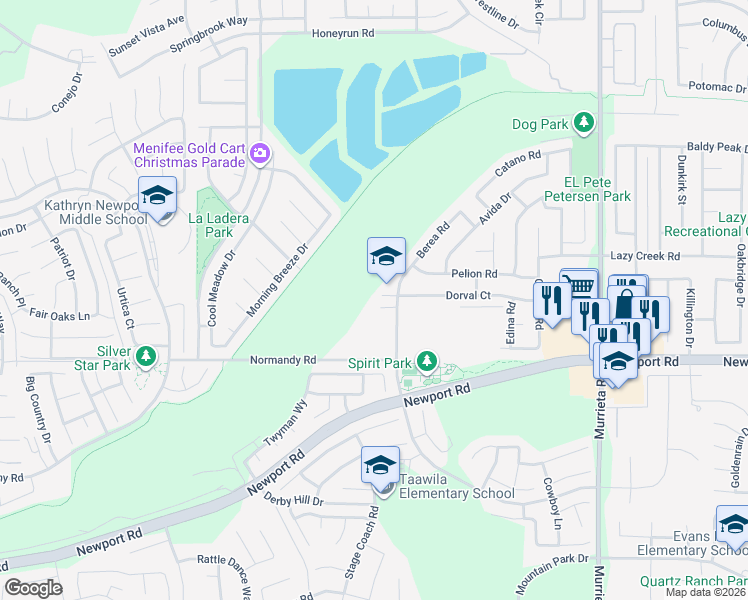 map of restaurants, bars, coffee shops, grocery stores, and more near 25463 Dorval Court in Menifee
