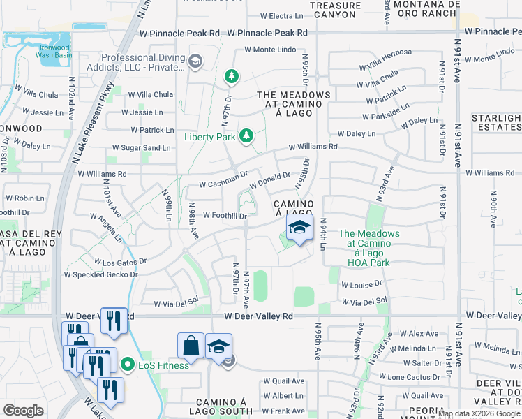 map of restaurants, bars, coffee shops, grocery stores, and more near 22425 North 96th Lane in Peoria
