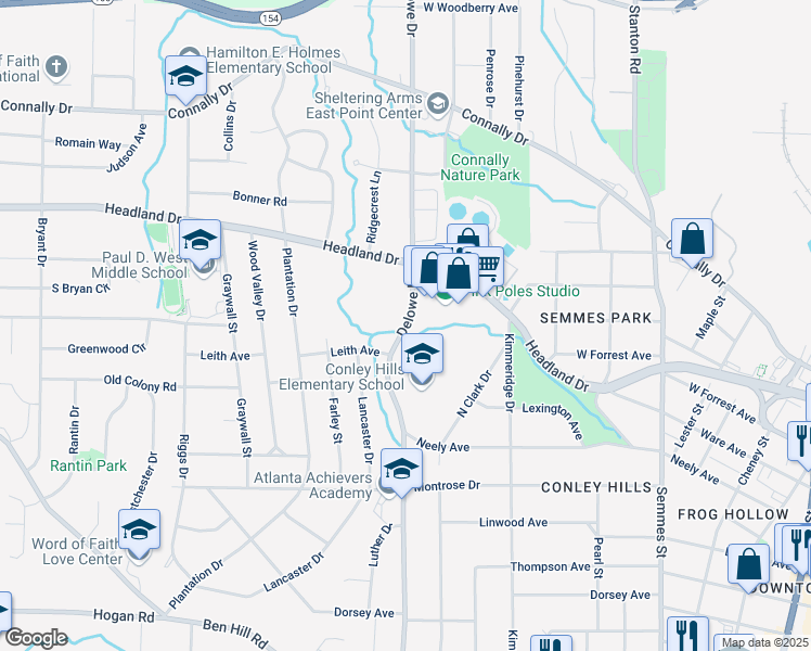 map of restaurants, bars, coffee shops, grocery stores, and more near Delowe Drive in Atlanta