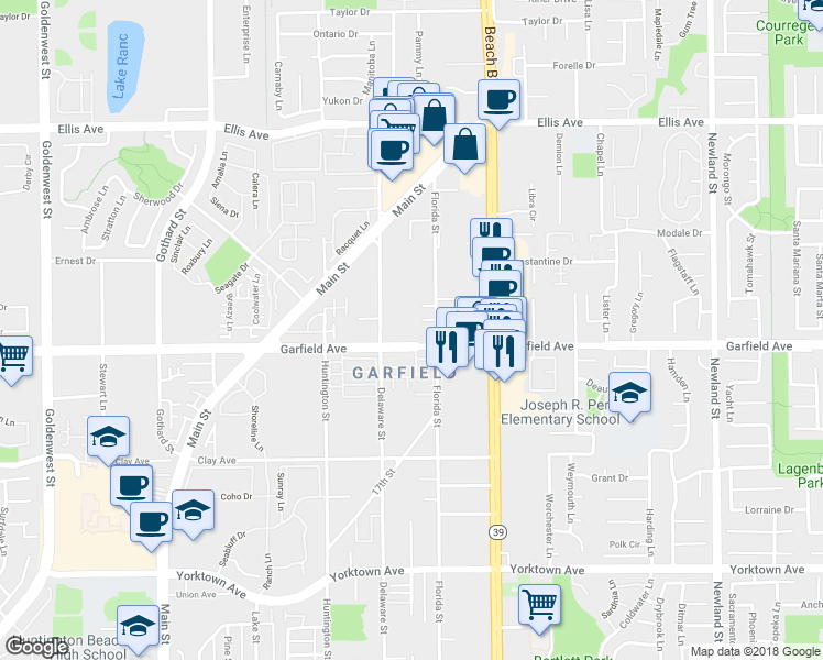 map of restaurants, bars, coffee shops, grocery stores, and more near 7805 Garfield Avenue in Huntington Beach