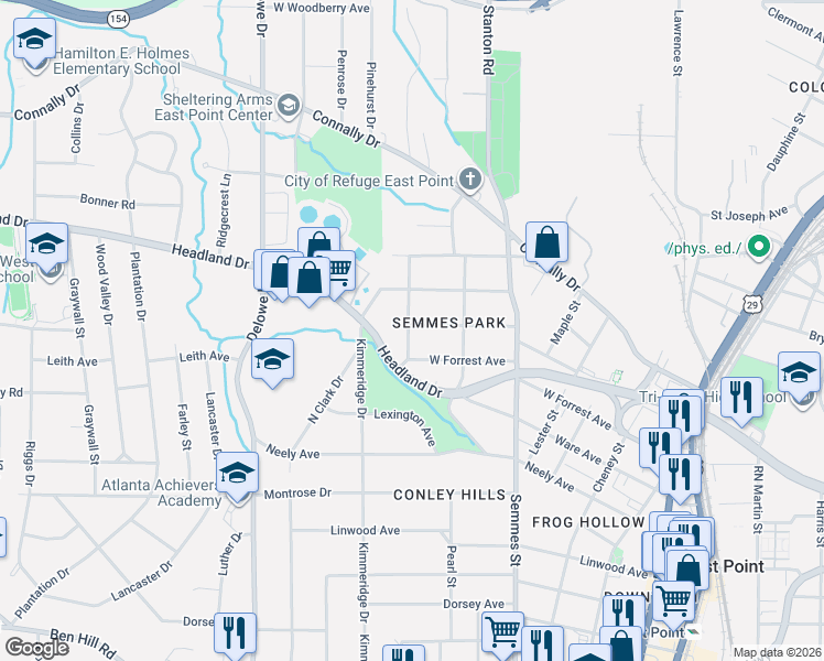 map of restaurants, bars, coffee shops, grocery stores, and more near 1924 Spring Avenue in East Point