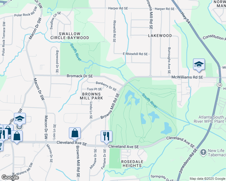 map of restaurants, bars, coffee shops, grocery stores, and more near 311 Banberry Drive Southeast in Atlanta