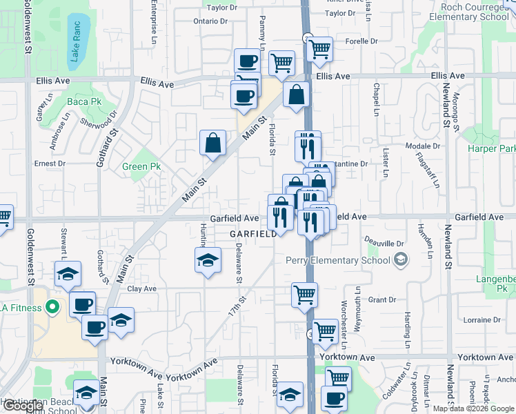 map of restaurants, bars, coffee shops, grocery stores, and more near 7851 Garfield Avenue in Huntington Beach