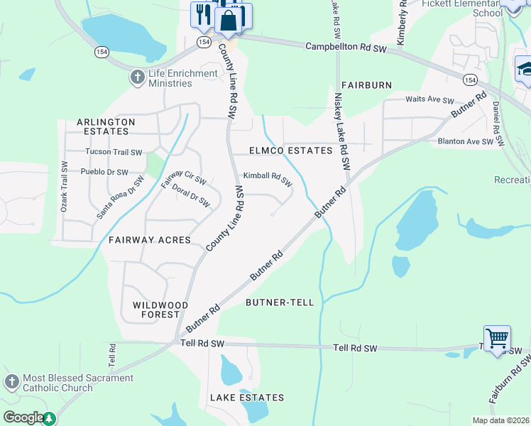 map of restaurants, bars, coffee shops, grocery stores, and more near 4268 Kimball Road Southwest in Atlanta