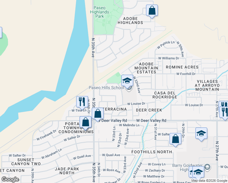 map of restaurants, bars, coffee shops, grocery stores, and more near 3422 West Los Gatos Drive in Phoenix