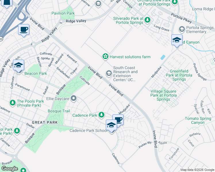 map of restaurants, bars, coffee shops, grocery stores, and more near 108 Crossover in Irvine