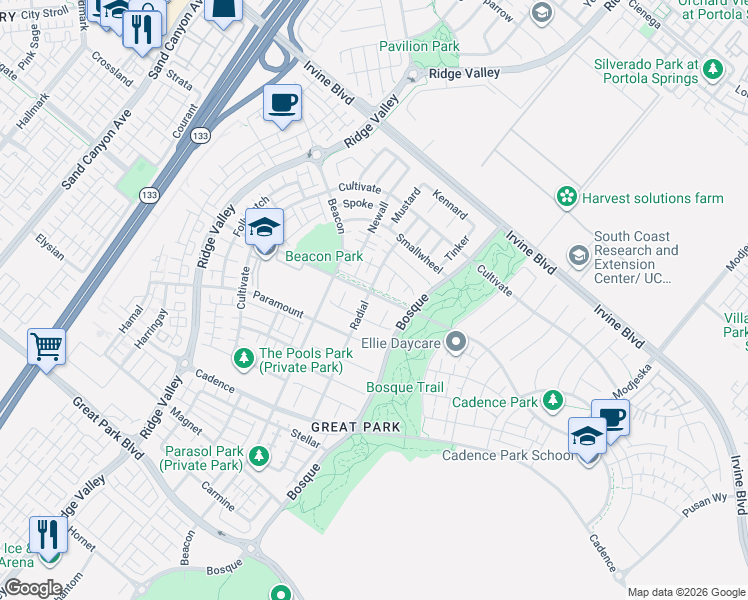 map of restaurants, bars, coffee shops, grocery stores, and more near 207 Radial in Irvine