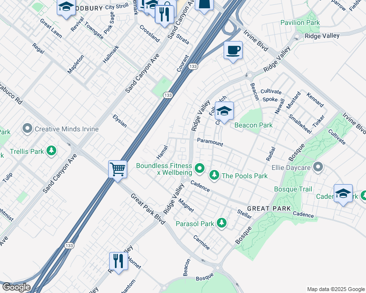 map of restaurants, bars, coffee shops, grocery stores, and more near 270 Harringay in Irvine