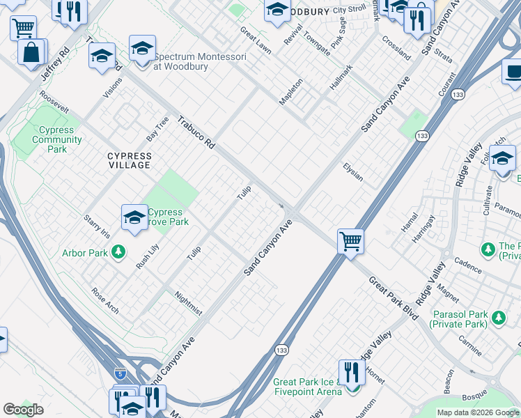 map of restaurants, bars, coffee shops, grocery stores, and more near 88 Field Poppy in Irvine