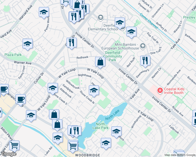 map of restaurants, bars, coffee shops, grocery stores, and more near 95 Nighthawk in Irvine