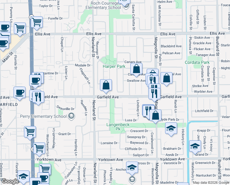 map of restaurants, bars, coffee shops, grocery stores, and more near 8710 Tern Avenue in Fountain Valley