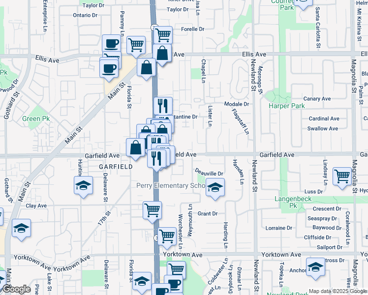 map of restaurants, bars, coffee shops, grocery stores, and more near 18982 Valley Circle in Huntington Beach
