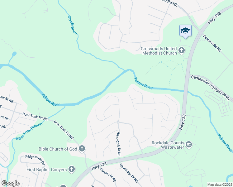map of restaurants, bars, coffee shops, grocery stores, and more near 1365 River Club Drive Northeast in Conyers