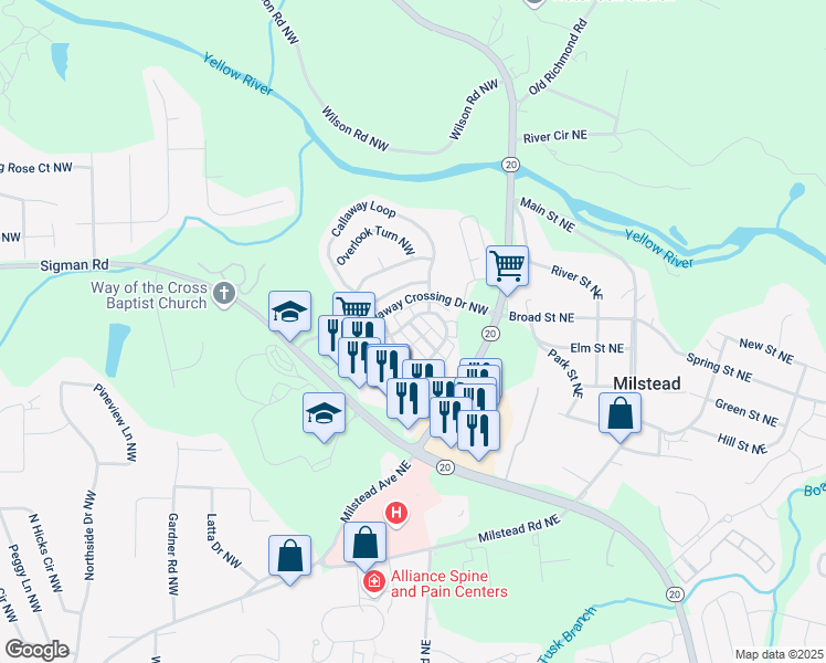 map of restaurants, bars, coffee shops, grocery stores, and more near 130 Hawkeye Lane Northwest in Conyers