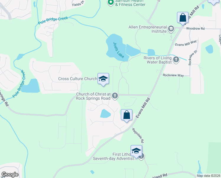 map of restaurants, bars, coffee shops, grocery stores, and more near 3264 Rockport Drive in Stonecrest