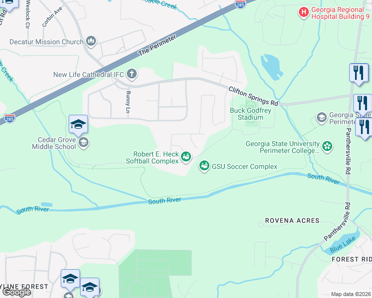 map of restaurants, bars, coffee shops, grocery stores, and more near 2526 Royal Farm Court in Decatur