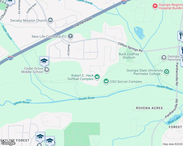 map of restaurants, bars, coffee shops, grocery stores, and more near 2448 Wild Springs Court in Decatur