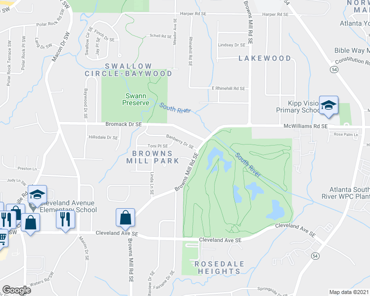 map of restaurants, bars, coffee shops, grocery stores, and more near 311 Banberry Drive Southeast in Atlanta