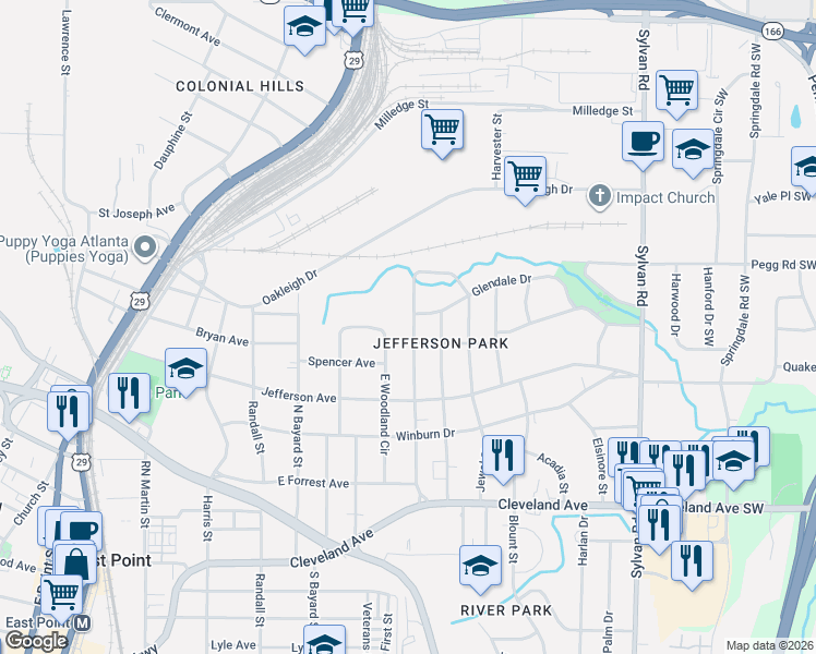 map of restaurants, bars, coffee shops, grocery stores, and more near 2491 Jefferson Terrace in East Point