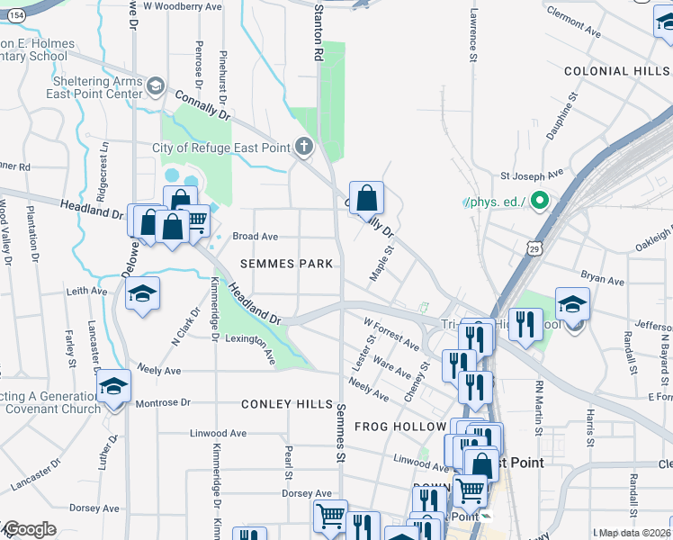 map of restaurants, bars, coffee shops, grocery stores, and more near 2489 Semmes Street in Atlanta