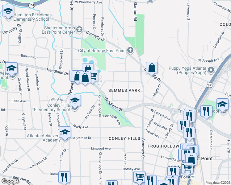 map of restaurants, bars, coffee shops, grocery stores, and more near 1924 Spring Avenue in East Point