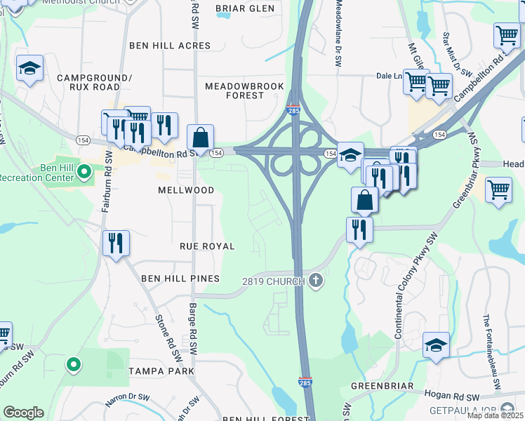 map of restaurants, bars, coffee shops, grocery stores, and more near 2400 Barge Road Southwest in Atlanta