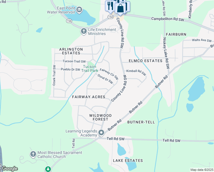 map of restaurants, bars, coffee shops, grocery stores, and more near 4553 Saint Andrews Drive Southwest in Atlanta