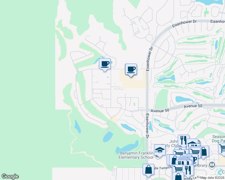map of restaurants, bars, coffee shops, grocery stores, and more near 49496 Avenue Obregon in La Quinta