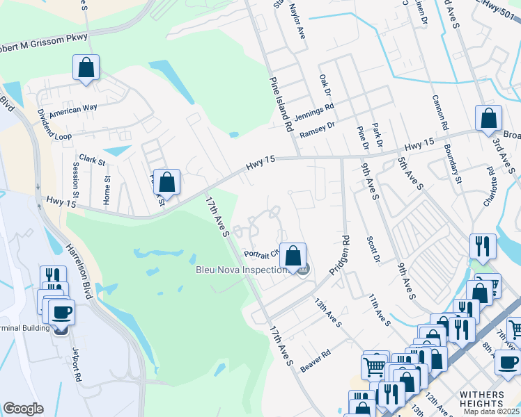 map of restaurants, bars, coffee shops, grocery stores, and more near 1021 Penny Lane in Myrtle Beach