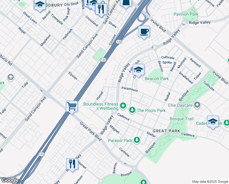 map of restaurants, bars, coffee shops, grocery stores, and more near 284 Harringay in Irvine