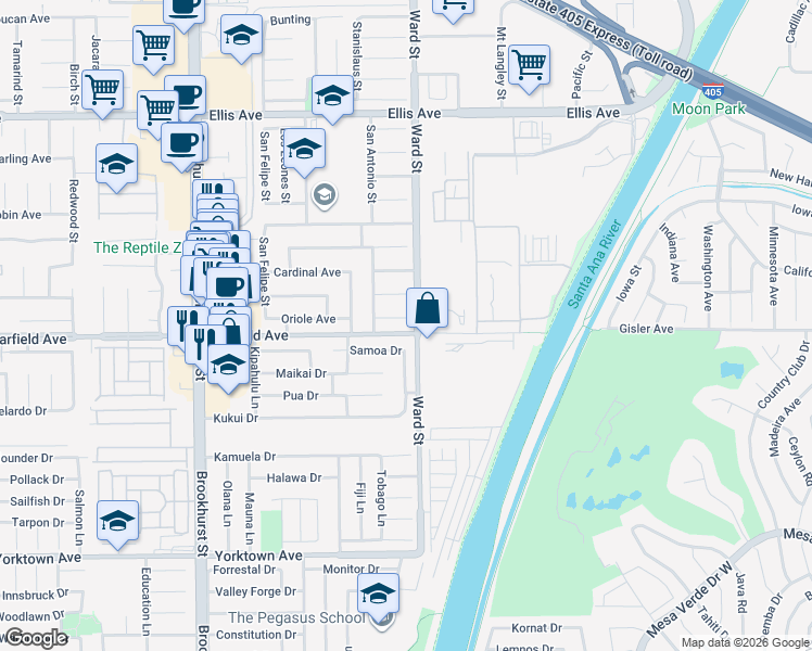 map of restaurants, bars, coffee shops, grocery stores, and more near 10436 Owl Circle in Fountain Valley