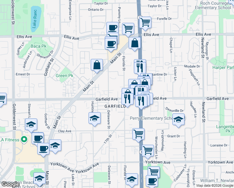 map of restaurants, bars, coffee shops, grocery stores, and more near 7805 Garfield Avenue in Huntington Beach