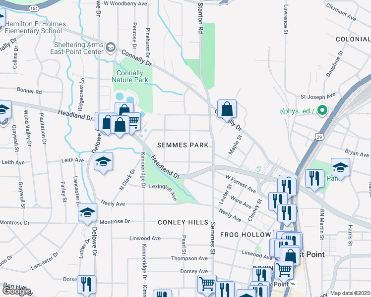 map of restaurants, bars, coffee shops, grocery stores, and more near 1876 Spring Avenue in East Point