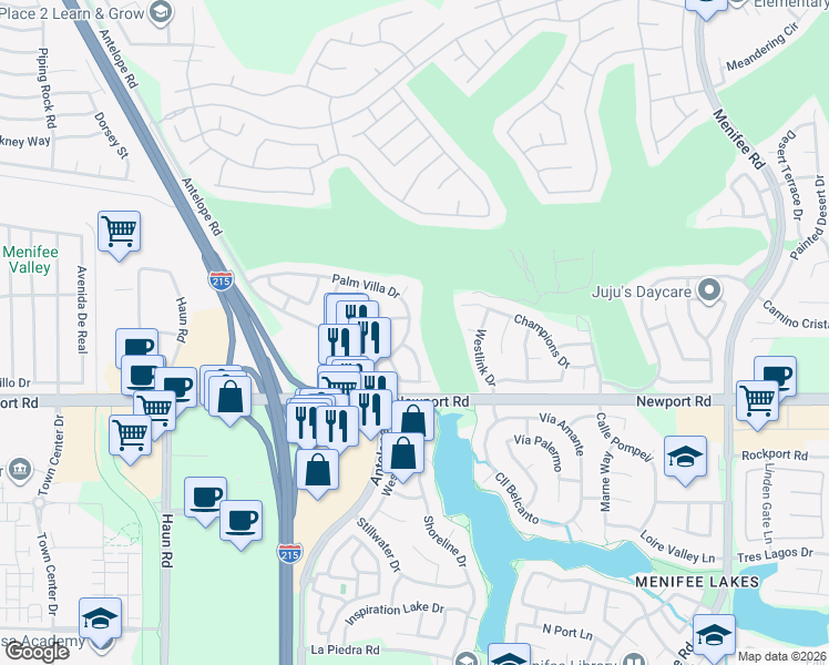 map of restaurants, bars, coffee shops, grocery stores, and more near 28339 Palm Villa Drive in Menifee