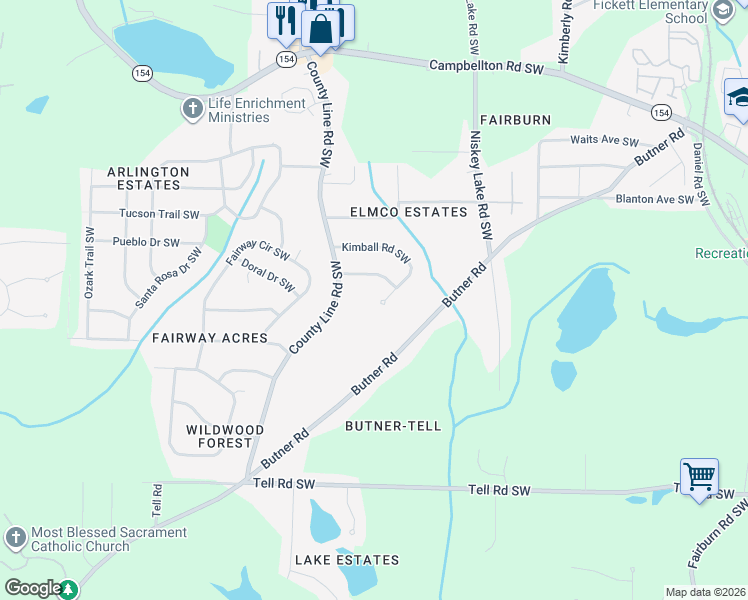 map of restaurants, bars, coffee shops, grocery stores, and more near 4268 Kimball Road Southwest in Atlanta