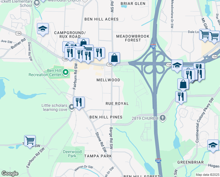 map of restaurants, bars, coffee shops, grocery stores, and more near 2475 Barge Road Southwest in Atlanta