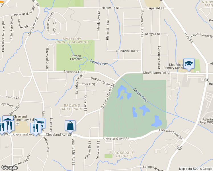map of restaurants, bars, coffee shops, grocery stores, and more near 311 Banberry Drive Southeast in Atlanta