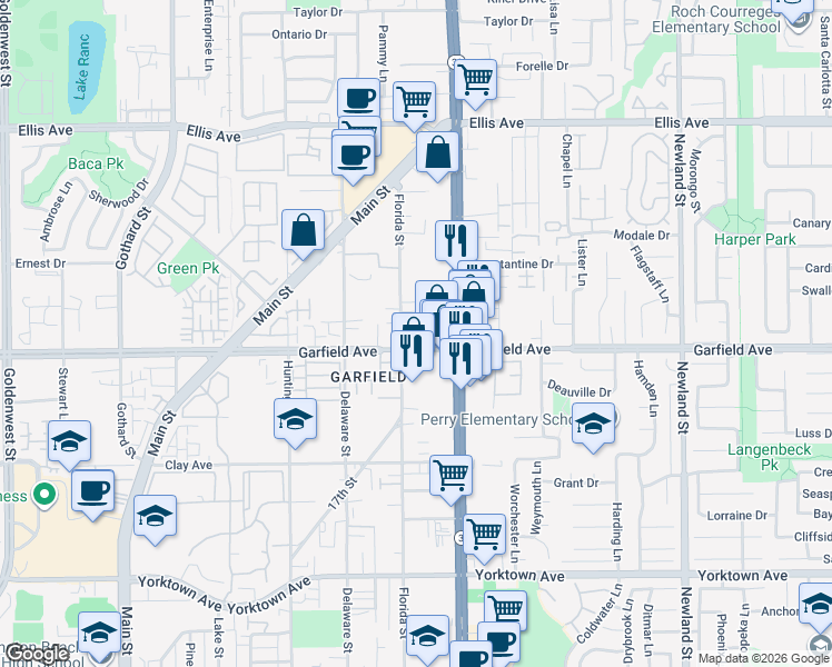 map of restaurants, bars, coffee shops, grocery stores, and more near 18992 Florida Street in Huntington Beach