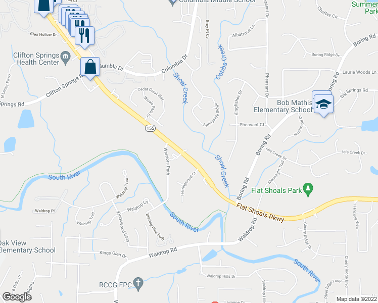 map of restaurants, bars, coffee shops, grocery stores, and more near 4226 Flat Shoals Parkway in Decatur
