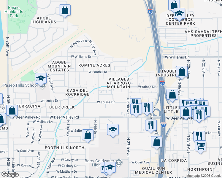 map of restaurants, bars, coffee shops, grocery stores, and more near Unnamed Road in Phoenix