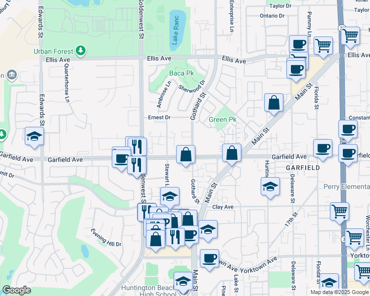 map of restaurants, bars, coffee shops, grocery stores, and more near 18961 Gothard Street in Huntington Beach