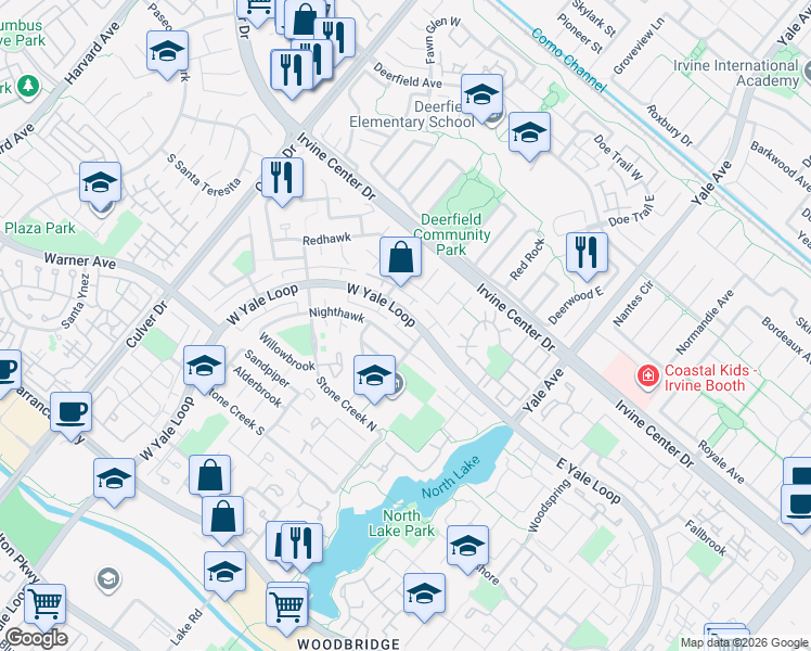 map of restaurants, bars, coffee shops, grocery stores, and more near 49 West Yale Loop in Irvine