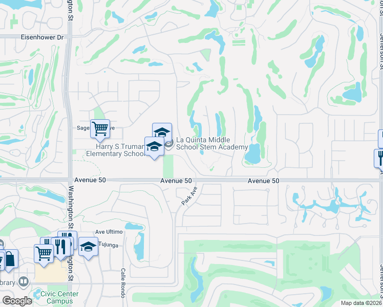 map of restaurants, bars, coffee shops, grocery stores, and more near 49760 Mission Drive West in La Quinta
