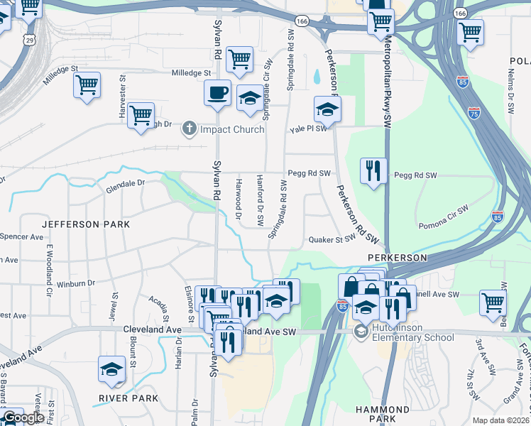 map of restaurants, bars, coffee shops, grocery stores, and more near 2425 Springdale Road Southwest in Atlanta