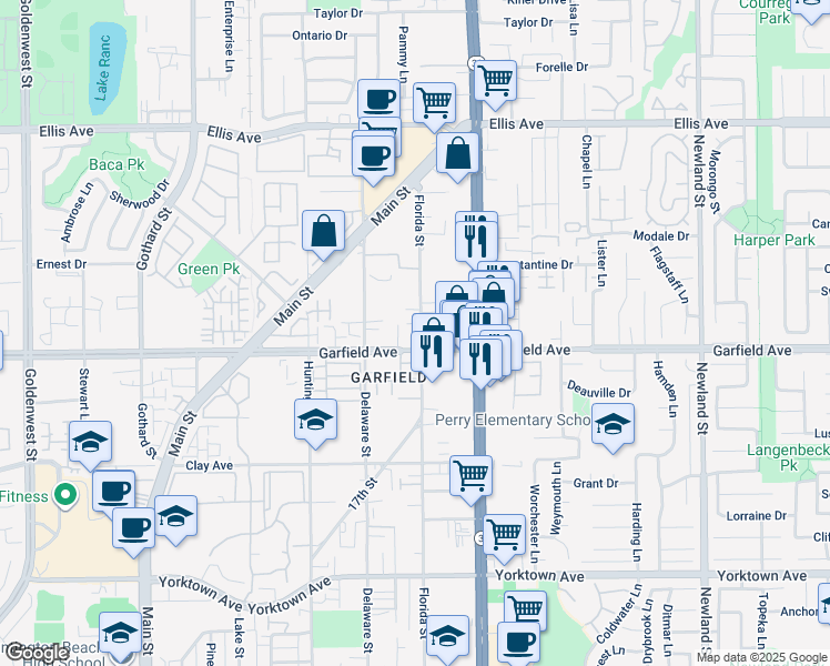 map of restaurants, bars, coffee shops, grocery stores, and more near 18961 Florida Street in Huntington Beach