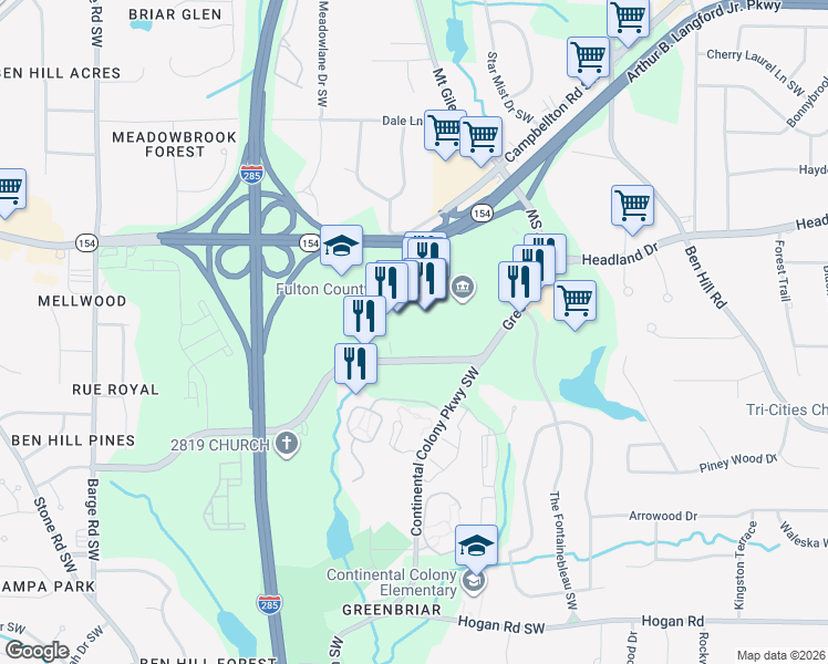 map of restaurants, bars, coffee shops, grocery stores, and more near 2841 Greenbriar Parkway Southwest in Atlanta