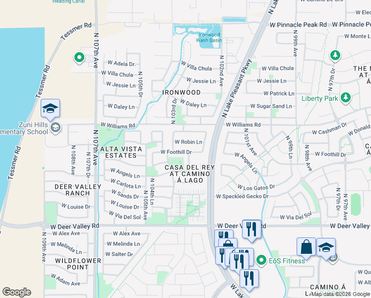 map of restaurants, bars, coffee shops, grocery stores, and more near 10342 West Foothill Drive in Peoria